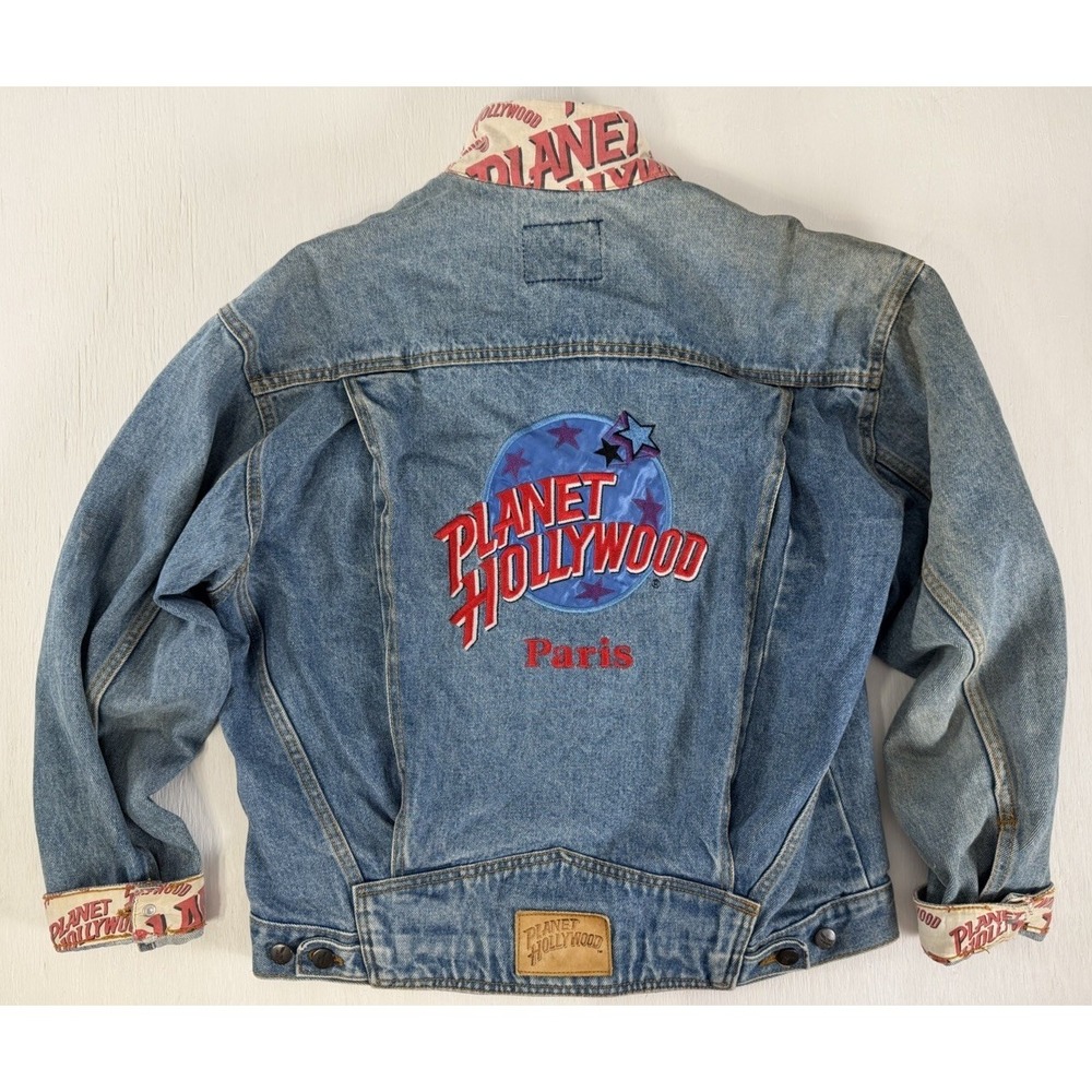 Vintage Planet Hollywood Paris Denim Trucker Jean Jacket Men's M Embroidered